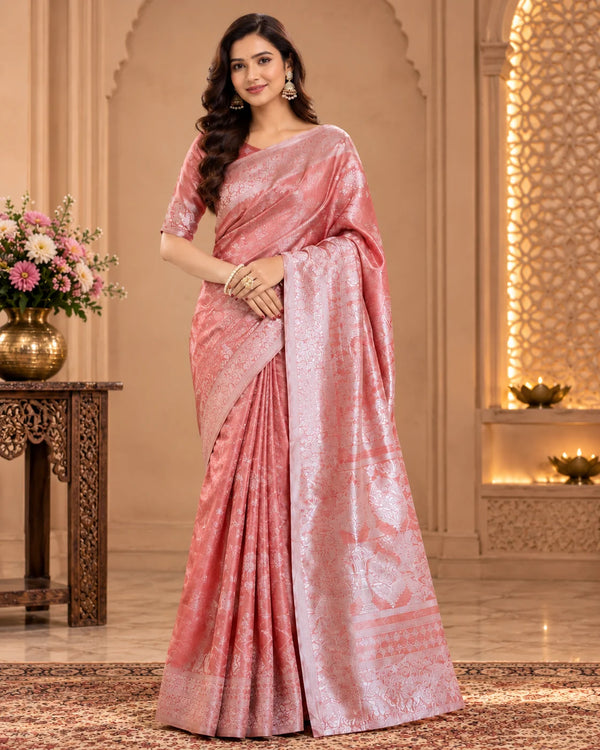 Blush Pink Woven Saree with Intricate Floral Motifs & Traditional Pallu