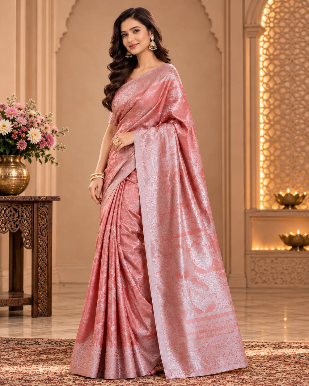 Blush Pink Woven Saree with Intricate Floral Motifs & Traditional Pallu