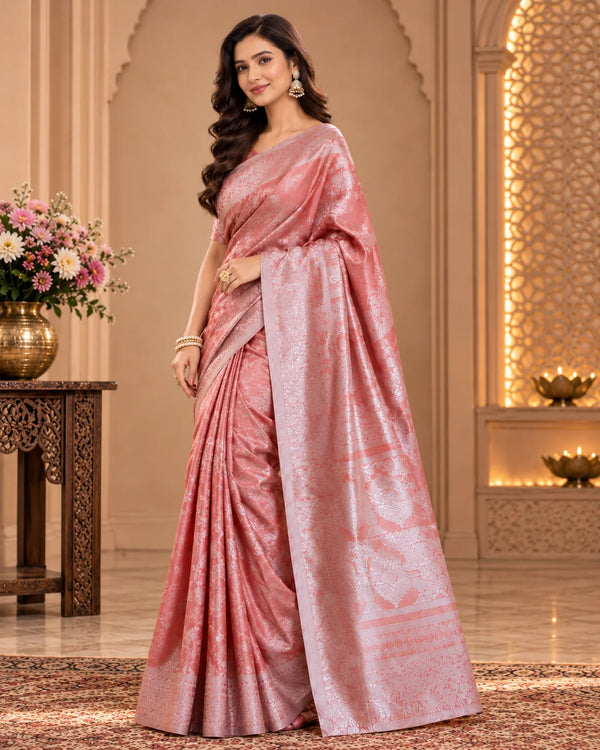 Blush Pink Woven Saree with Intricate Floral Motifs & Traditional Pallu