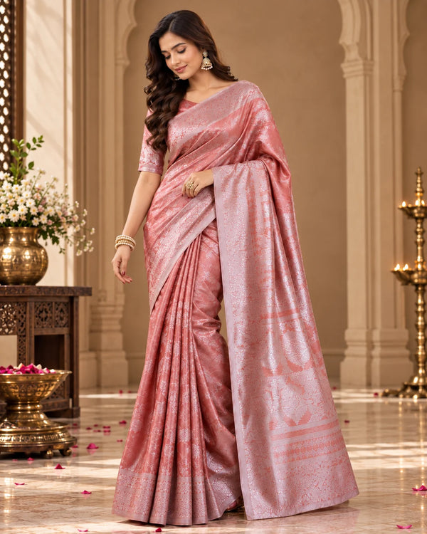 Blush Pink Woven Saree with Intricate Floral Motifs & Traditional Pallu