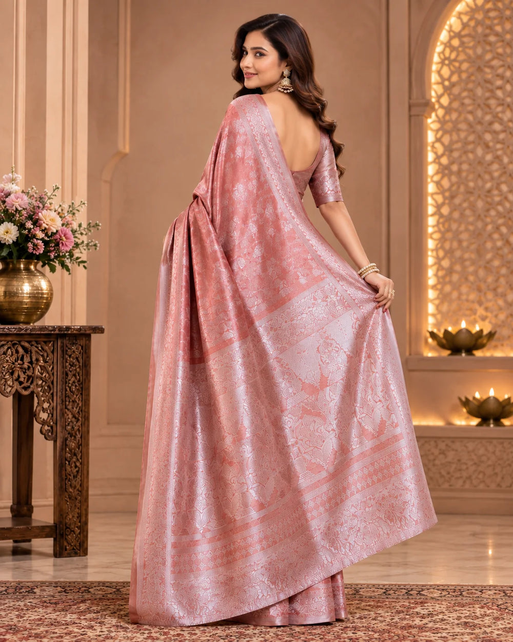 Blush Pink Woven Saree with Intricate Floral Motifs & Traditional Pallu