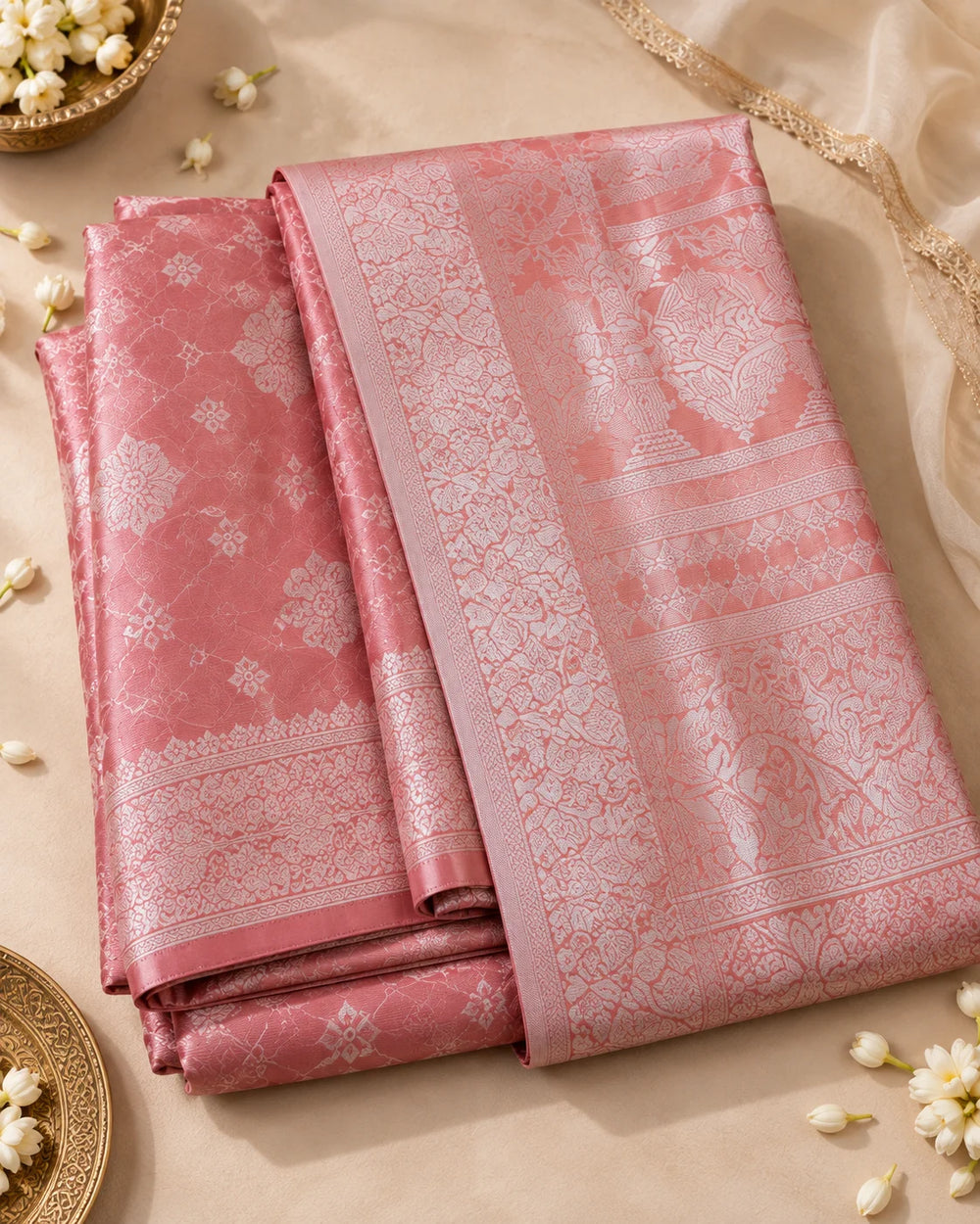 Blush Pink Woven Saree with Intricate Floral Motifs & Traditional Pallu