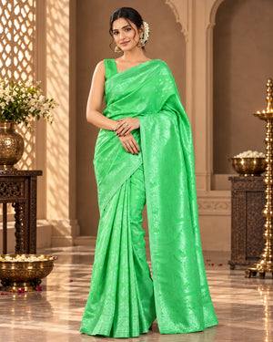 Vibrant Green Woven Silk Saree with Intricate Floral & Traditional Motifs