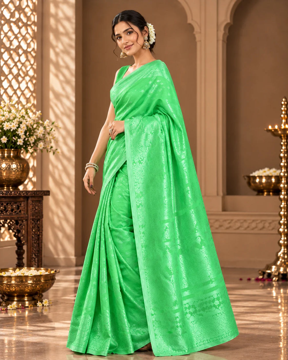 Vibrant Green Woven Silk Saree with Intricate Floral & Traditional Motifs