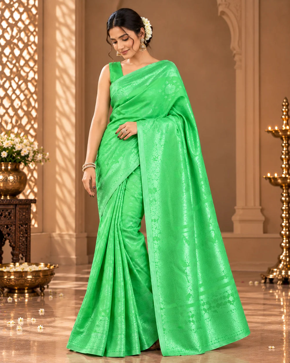 Vibrant Green Woven Silk Saree with Intricate Floral & Traditional Motifs