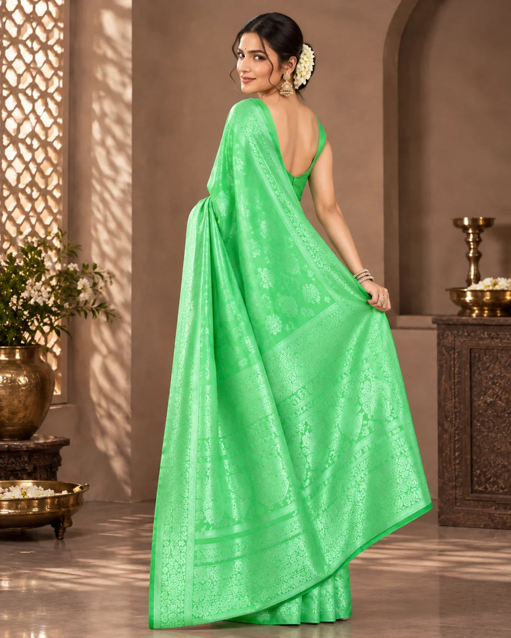 Vibrant Green Woven Silk Saree with Intricate Floral & Traditional Motifs