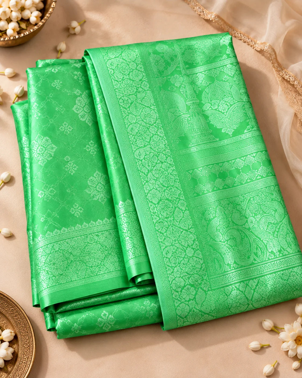 Vibrant Green Woven Silk Saree with Intricate Floral & Traditional Motifs