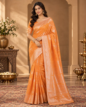 Peach Orange Woven Saree with Floral Motifs & Intricate Traditional Pallu