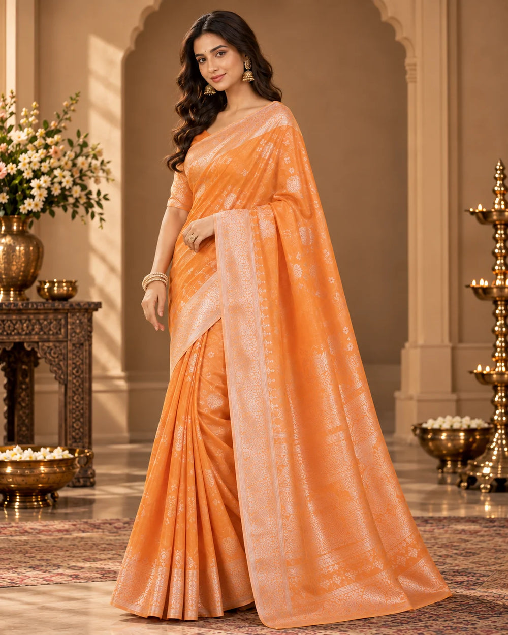 Peach Orange Woven Saree with Floral Motifs & Intricate Traditional Pallu
