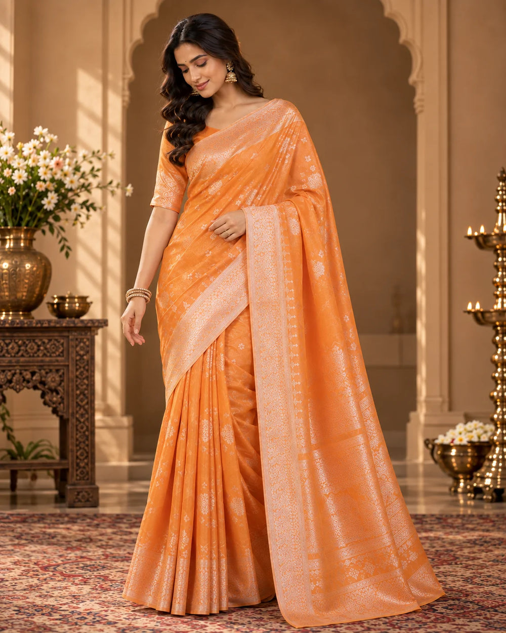 Peach Orange Woven Saree with Floral Motifs & Intricate Traditional Pallu