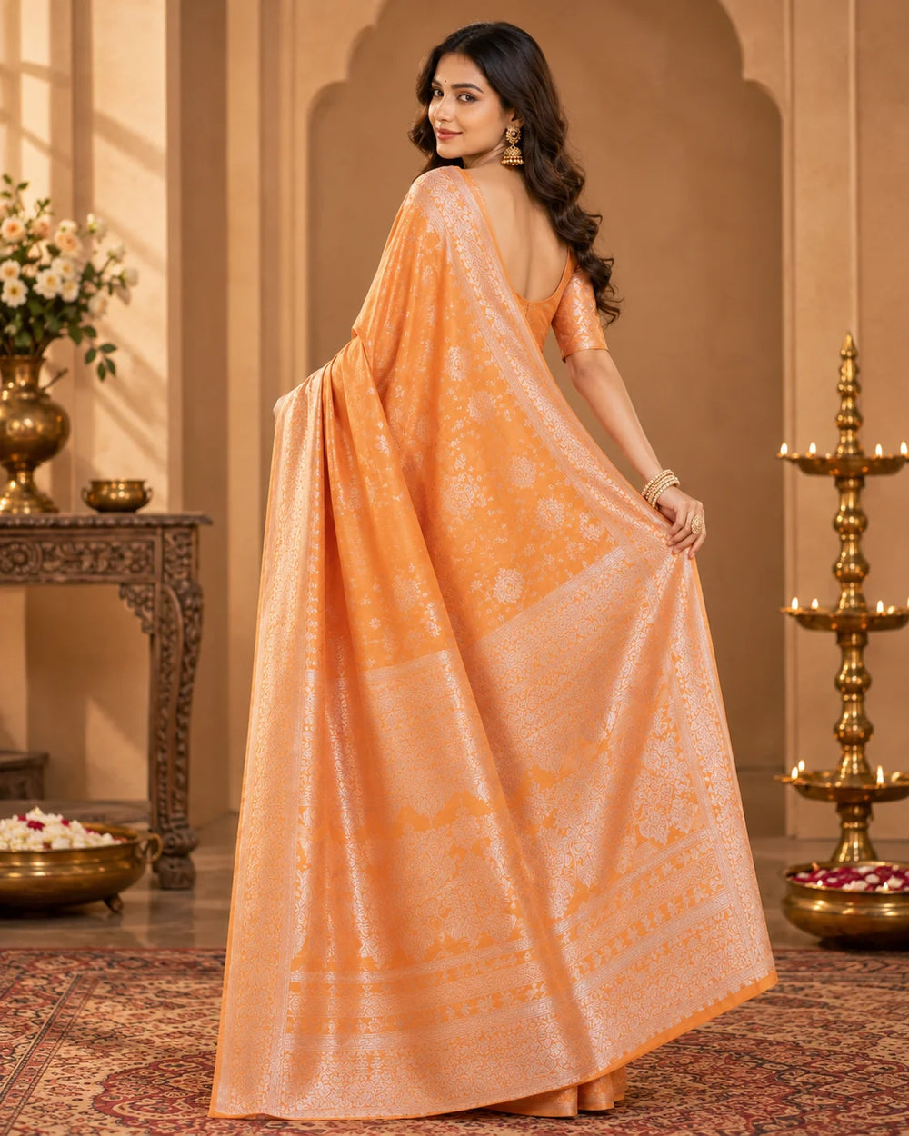 Peach Orange Woven Saree with Floral Motifs & Intricate Traditional Pallu