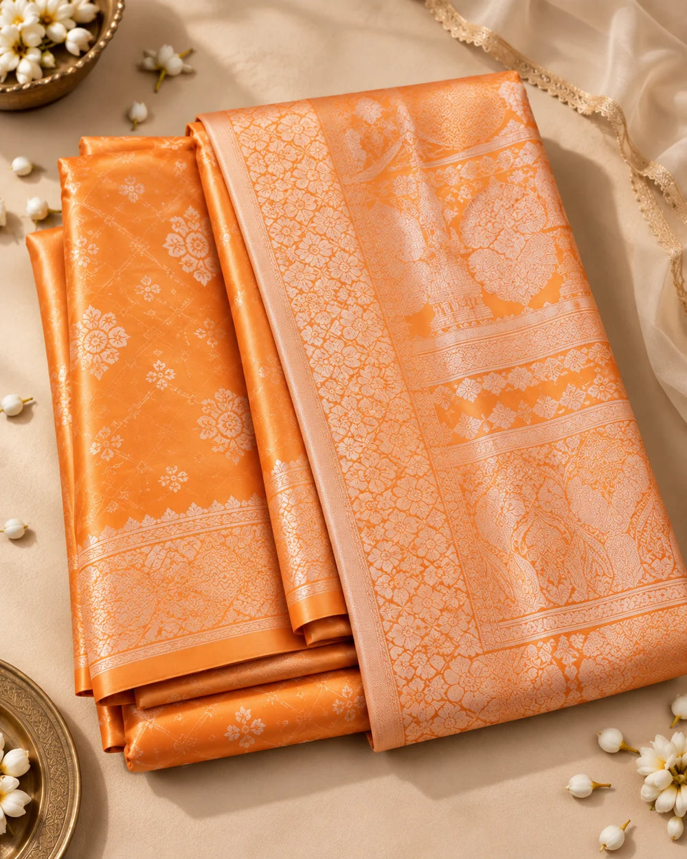 Peach Orange Woven Saree with Floral Motifs & Intricate Traditional Pallu