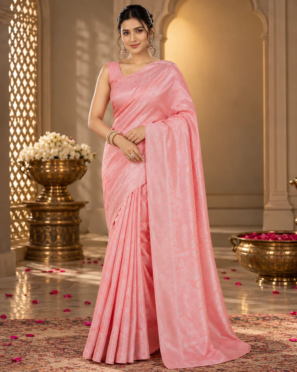 Blush Pink Woven Saree with Intricate Floral & Paisley Motifs