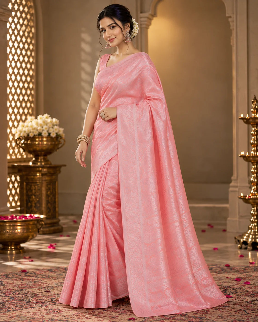 Blush Pink Woven Saree with Intricate Floral & Paisley Motifs