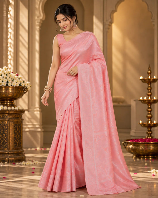 Blush Pink Woven Saree with Intricate Floral & Paisley Motifs
