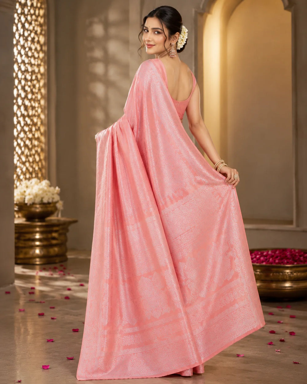Blush Pink Woven Saree with Intricate Floral & Paisley Motifs