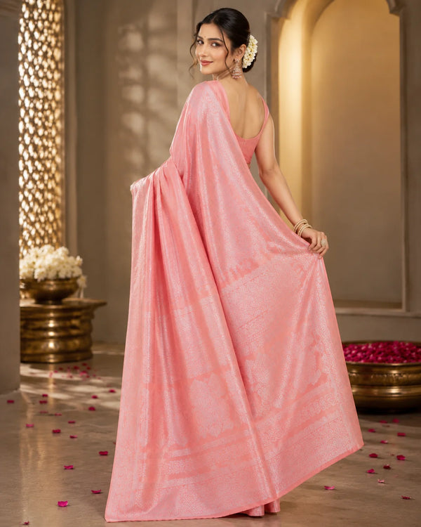 Blush Pink Woven Saree with Intricate Floral & Paisley Motifs