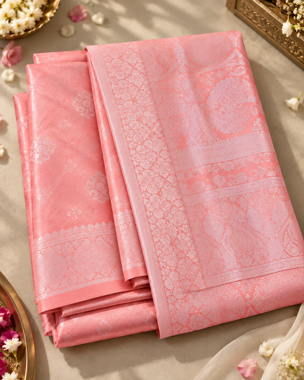 Blush Pink Woven Saree with Intricate Floral & Paisley Motifs
