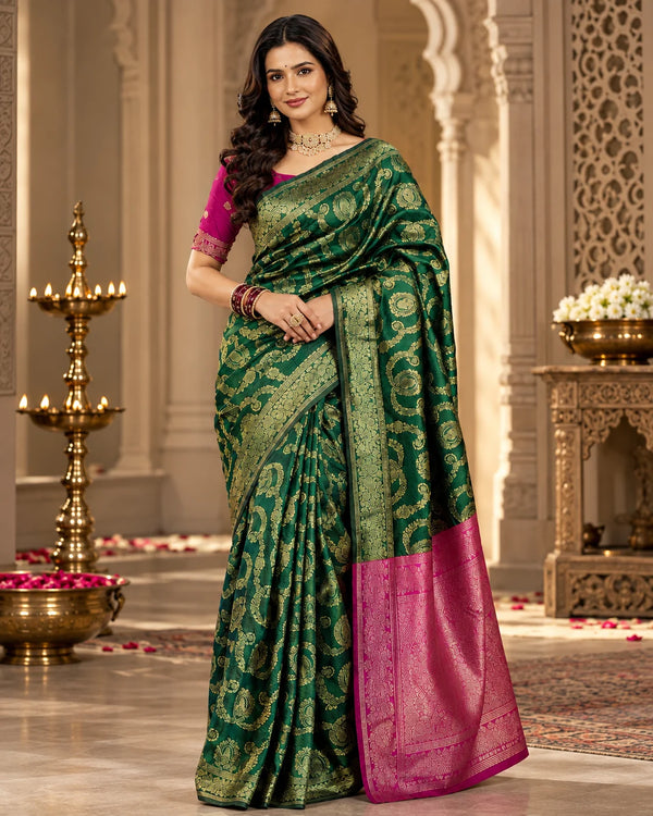 Bottle Green & Magenta Woven Silk Saree with Gold Paisley Motifs