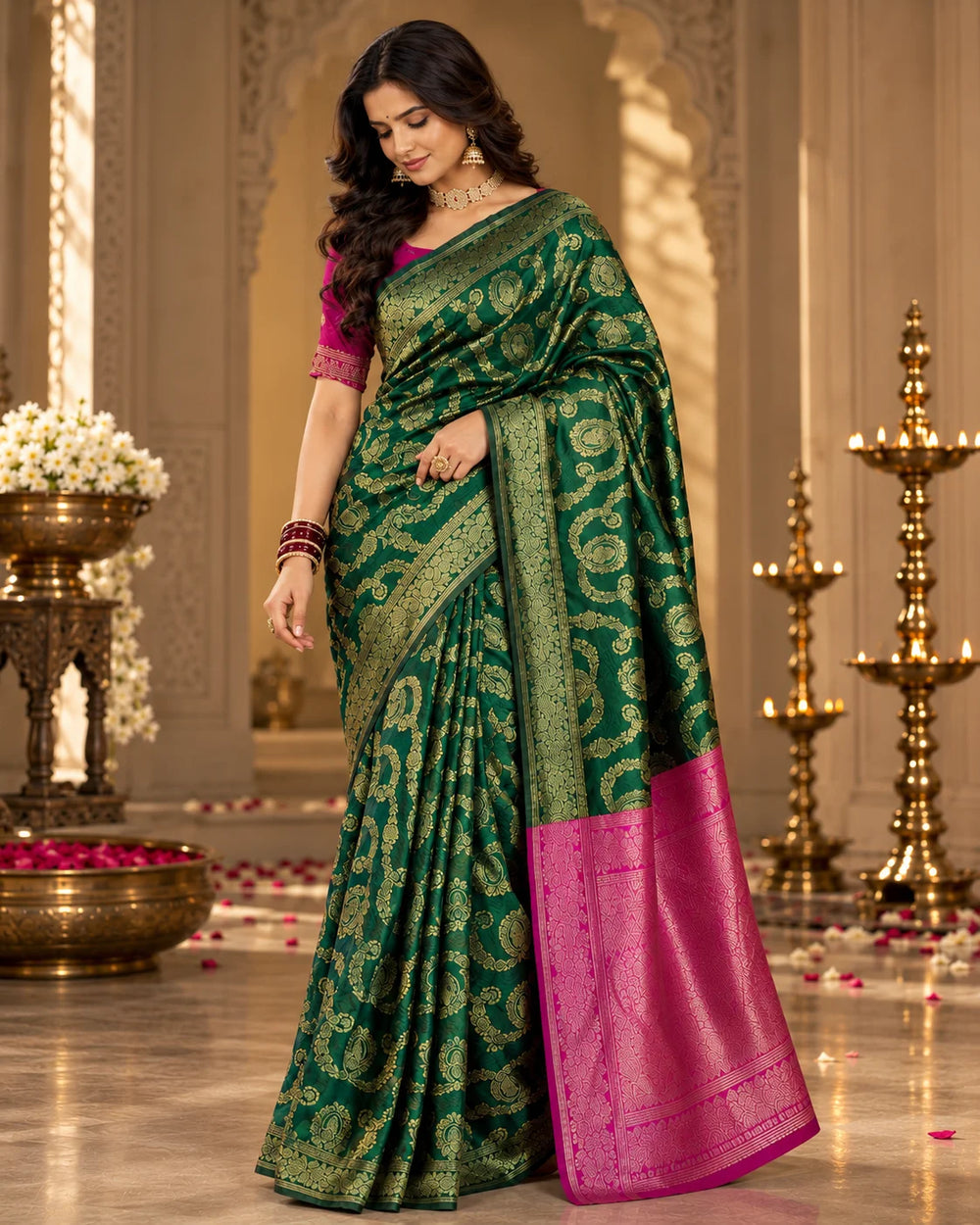 Bottle Green & Magenta Woven Silk Saree with Gold Paisley Motifs