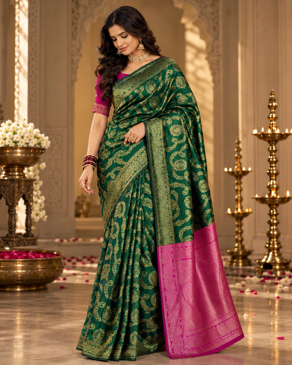 Bottle Green & Magenta Woven Silk Saree with Gold Paisley Motifs