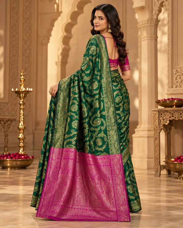 Bottle Green & Magenta Woven Silk Saree with Gold Paisley Motifs