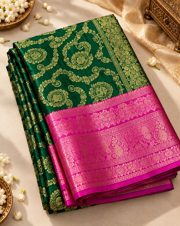 Bottle Green & Magenta Woven Silk Saree with Gold Paisley Motifs