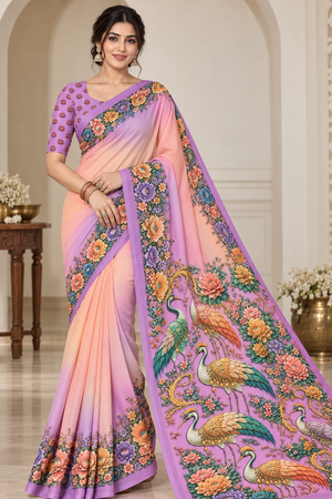 Lavender & Peach Floral Peacock Digital Print Saree