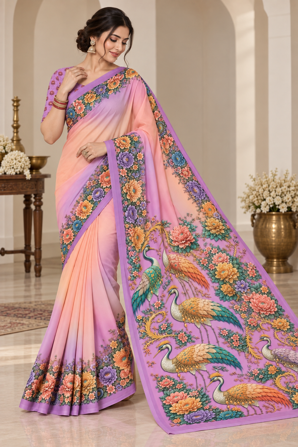 Lavender & Peach Floral Peacock Digital Print Saree