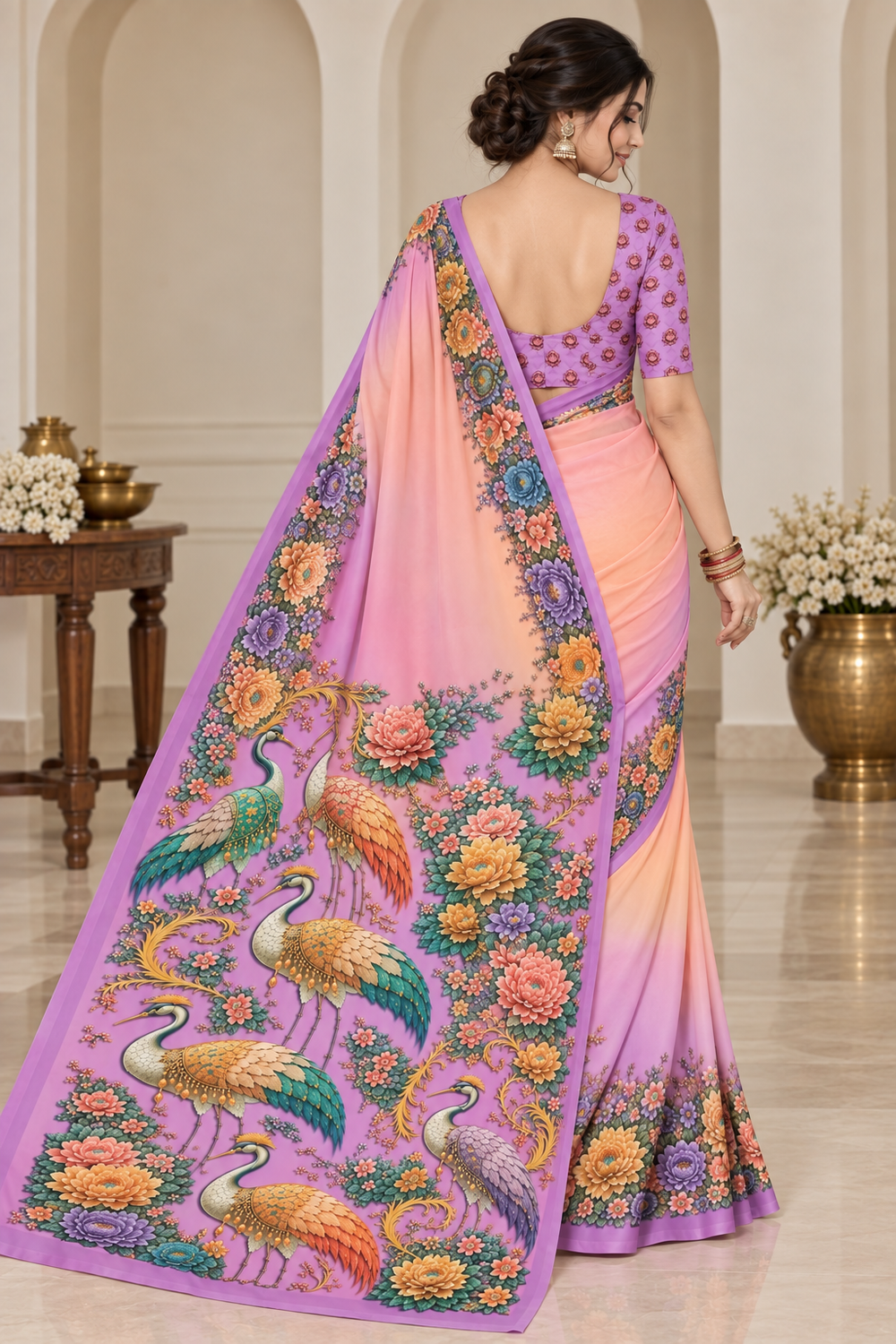 Lavender & Peach Floral Peacock Digital Print Saree
