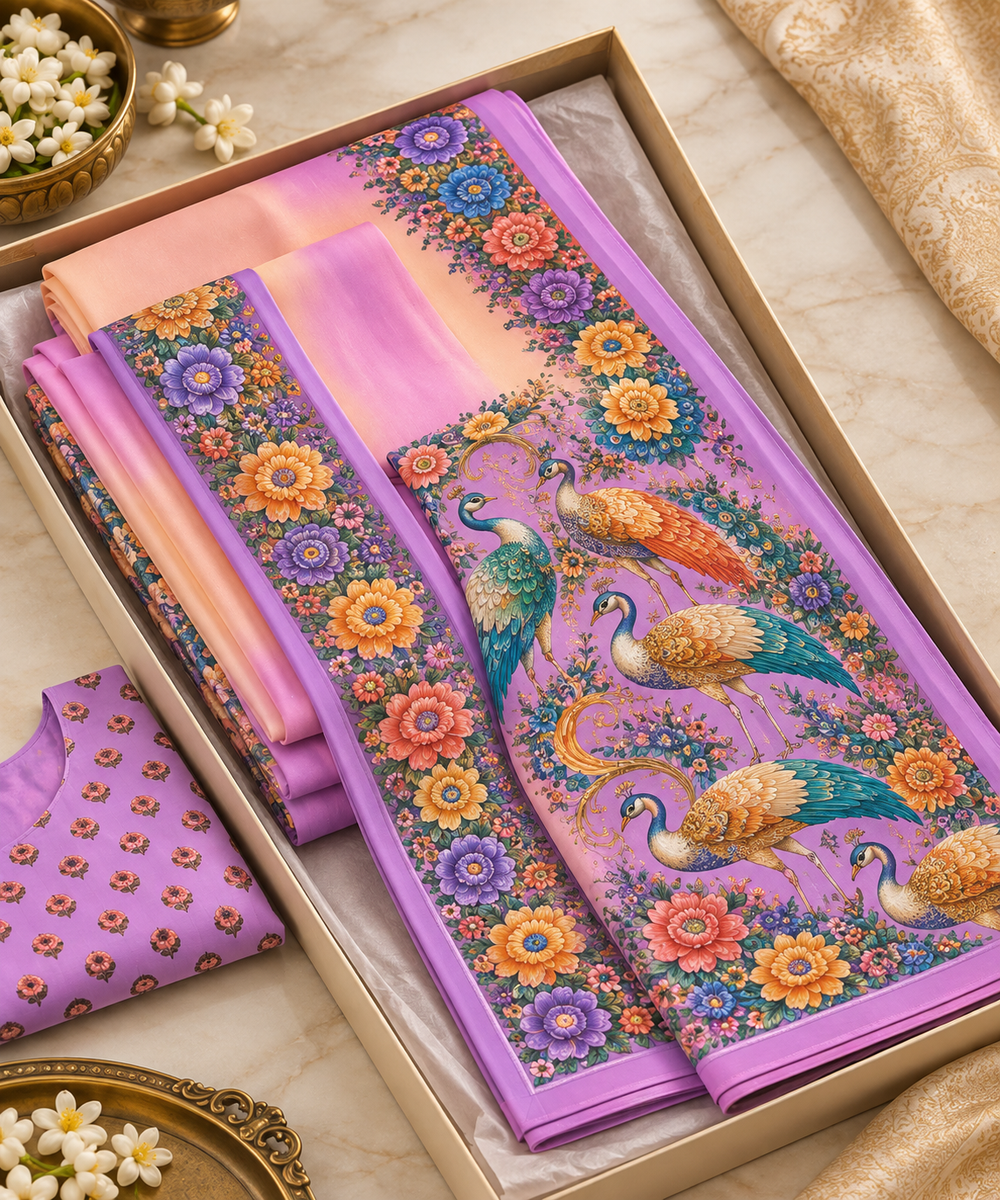Lavender & Peach Floral Peacock Digital Print Saree