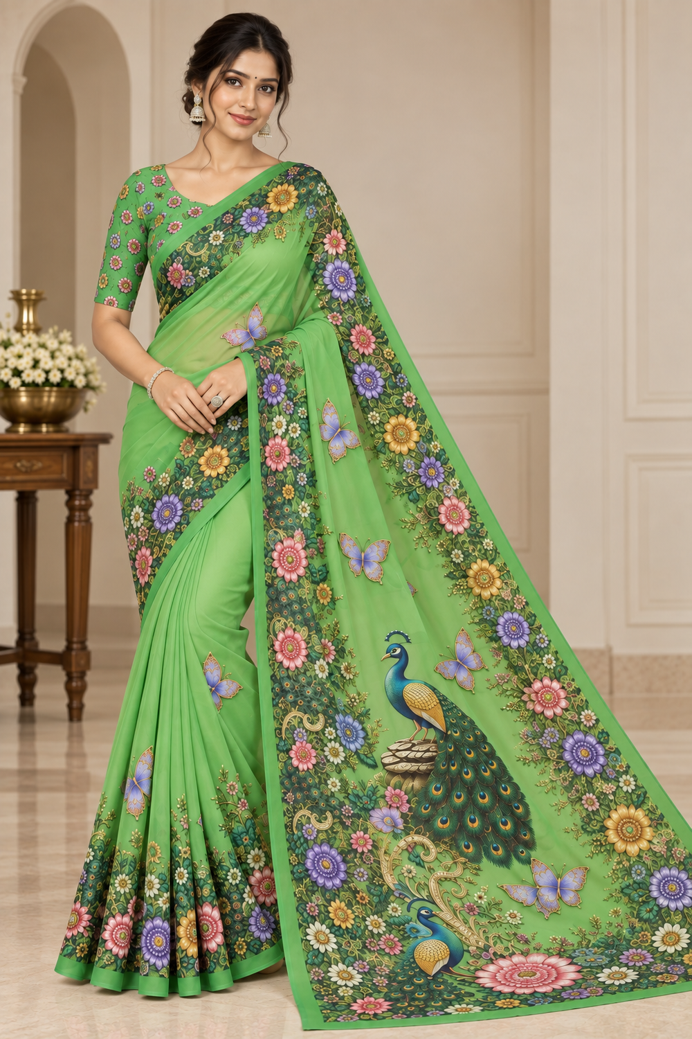 Green Floral Peacock Digital Print Saree