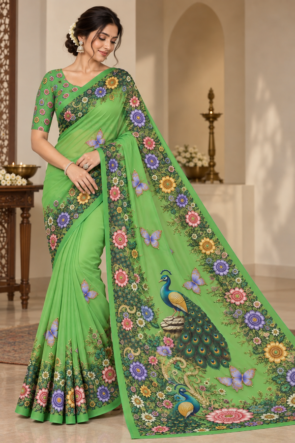 Green Floral Peacock Digital Print Saree