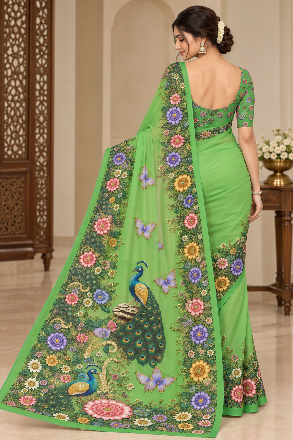 Green Floral Peacock Digital Print Saree