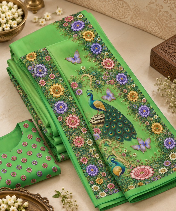 Green Floral Peacock Digital Print Saree