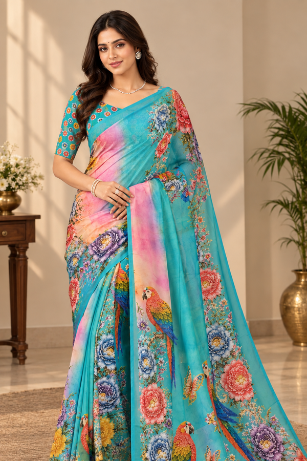 Turquoise Blue Floral Parrot Digital Print Saree