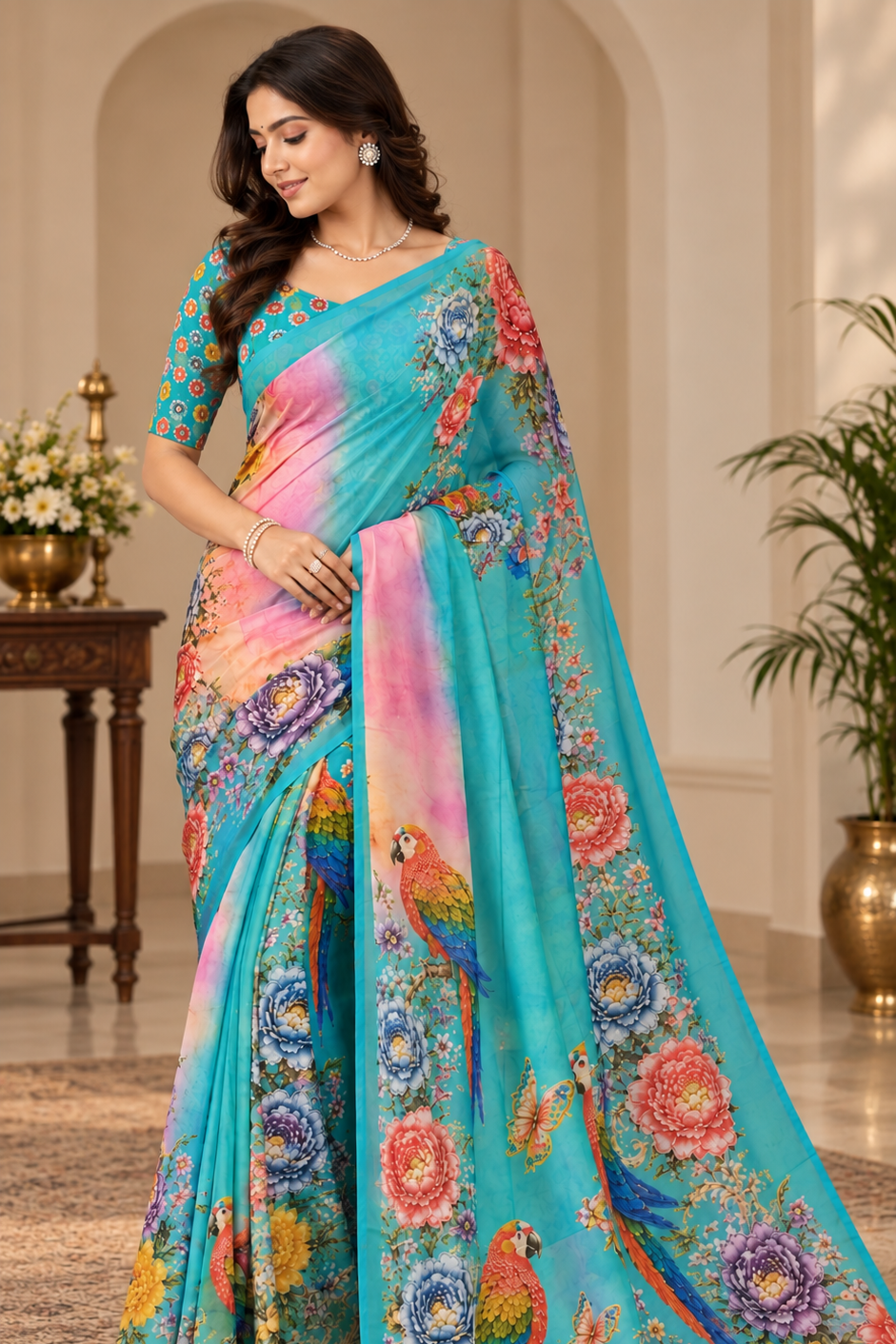 Turquoise Blue Floral Parrot Digital Print Saree