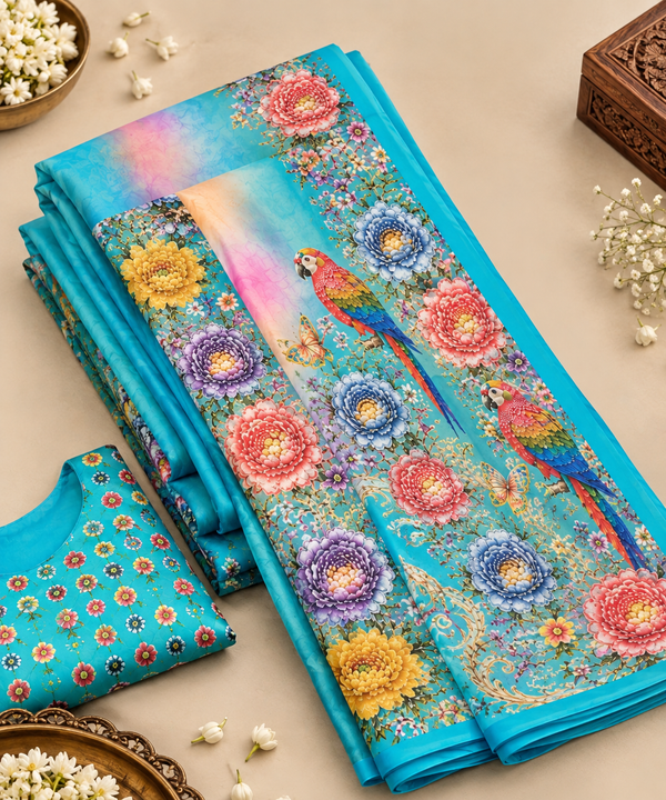 Turquoise Blue Floral Parrot Digital Print Saree