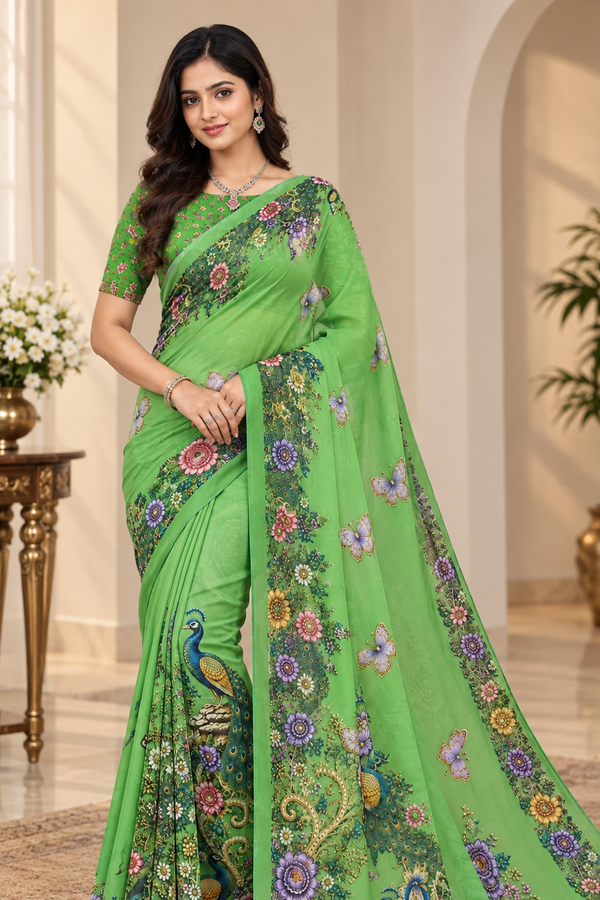 Parrot Green Floral Peacock Digital Print Saree
