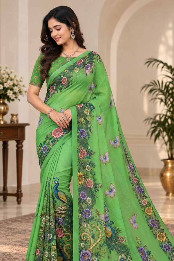 Parrot Green Floral Peacock Digital Print Saree