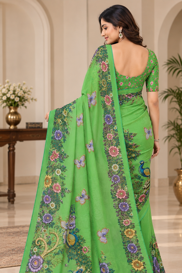 Parrot Green Floral Peacock Digital Print Saree