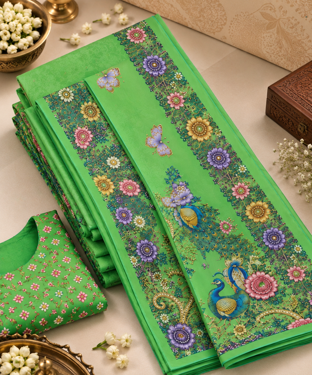 Parrot Green Floral Peacock Digital Print Saree