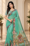 Mint Green Floral Peacock Digital Print Saree