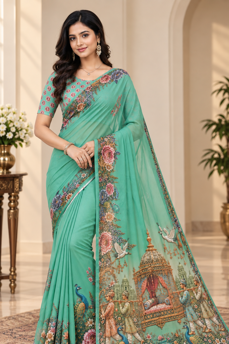 Mint Green Floral Peacock Digital Print Saree