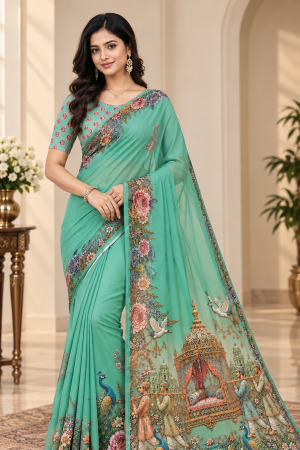Mint Green Floral Peacock Digital Print Saree