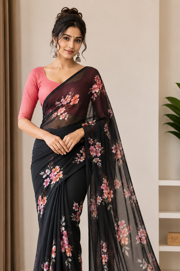 Black & Pink Floral Digital Print Saree