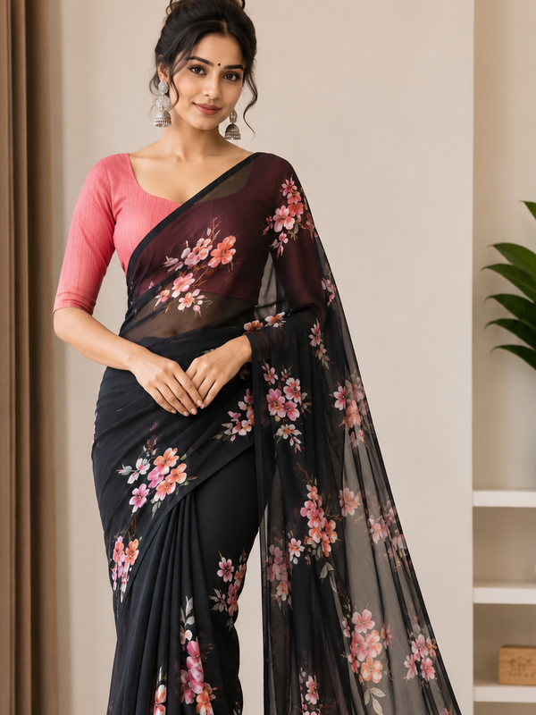 Black & Pink Floral Digital Print Saree
