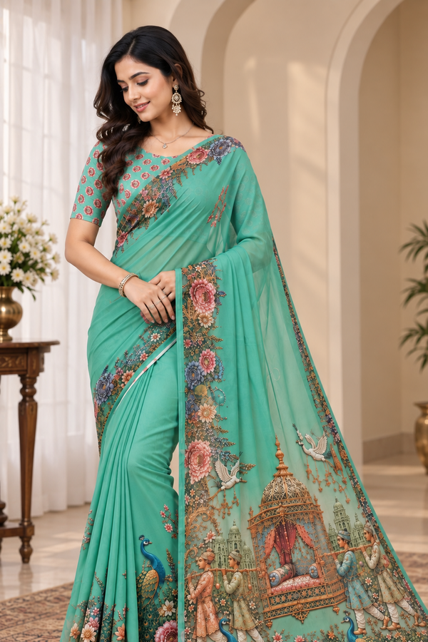 Mint Green Floral Peacock Digital Print Saree