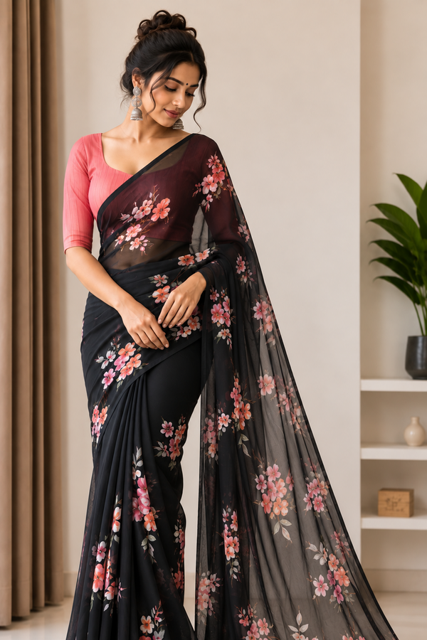 Black & Pink Floral Digital Print Saree