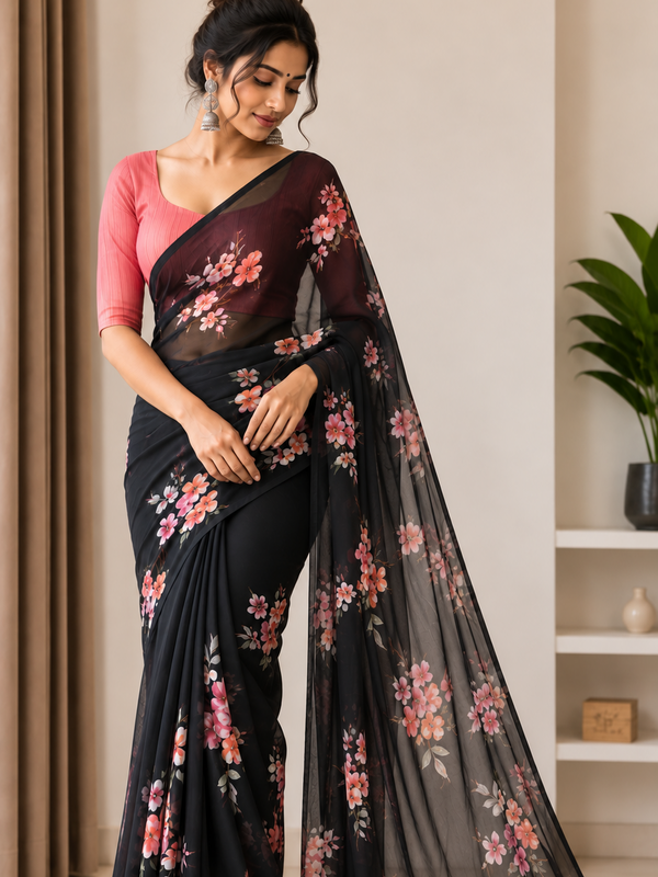 Black & Pink Floral Digital Print Saree